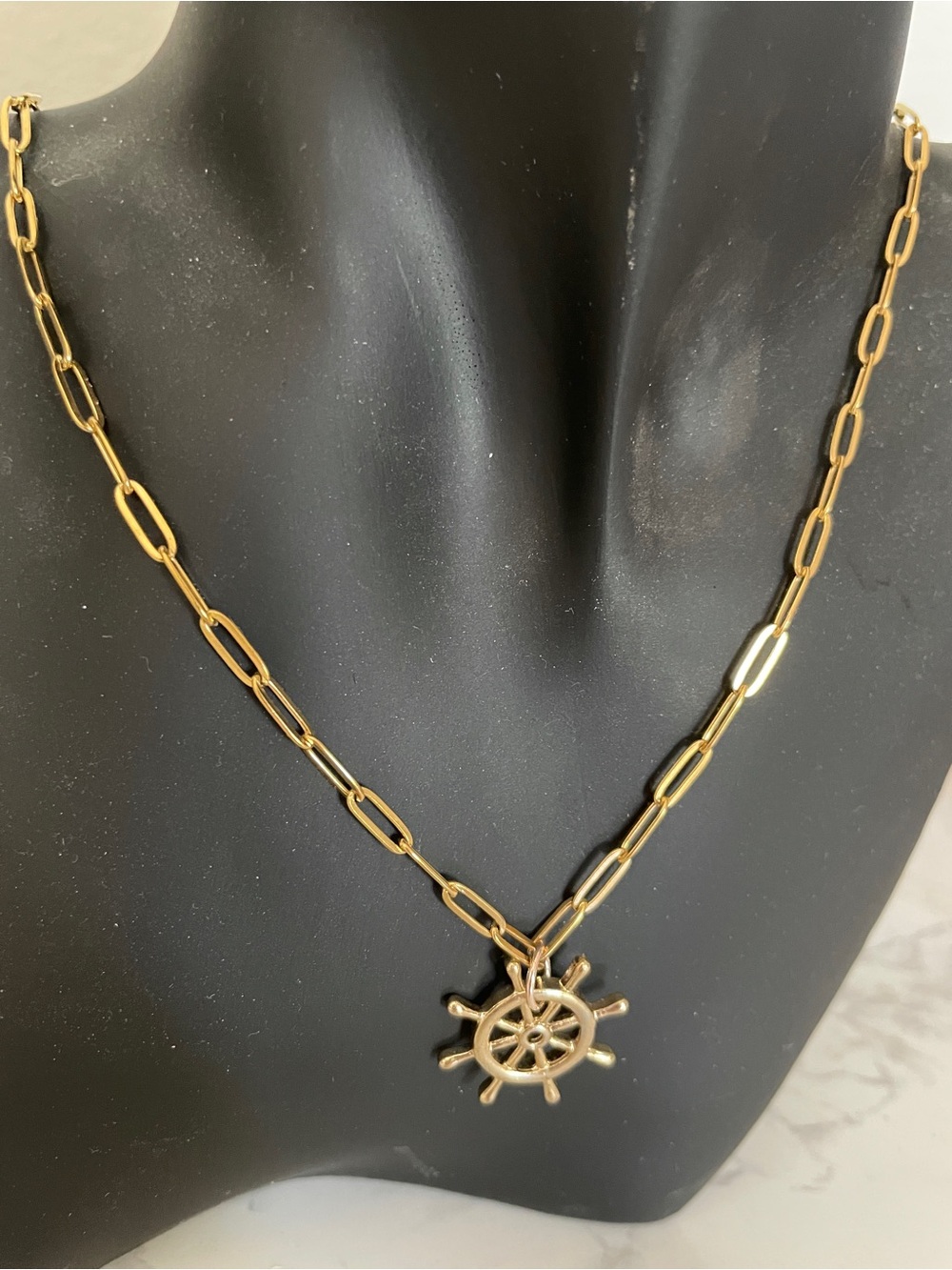 Gold Ship Wheel Paperclip Chain Necklace - Waterproof